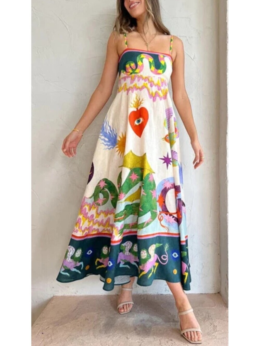 Maxi Dress Fantasy Boho Summer Dragon Evil Eye Artsy Snakes Bird Heart Small